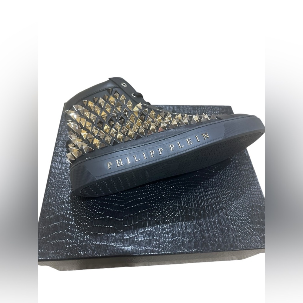 Philipp plein high top sneakers black/ Gold spikes size 10 US‎ 44Eu made in 🇮🇹